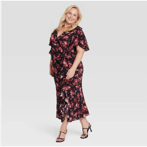 Ruffle Flounce Short Sleeve Maxi Dress XL Red Black Floral NWT - A New Day